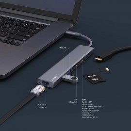 Переходник Deppa USB Type-C, HDMI, PD, 2xUSB 3.0, RJ45, microSD/SD