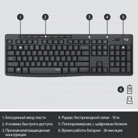 Комплект клавиатура+мышь Logitech Wireless MK295 Silent Combo Graphite (920-009807)