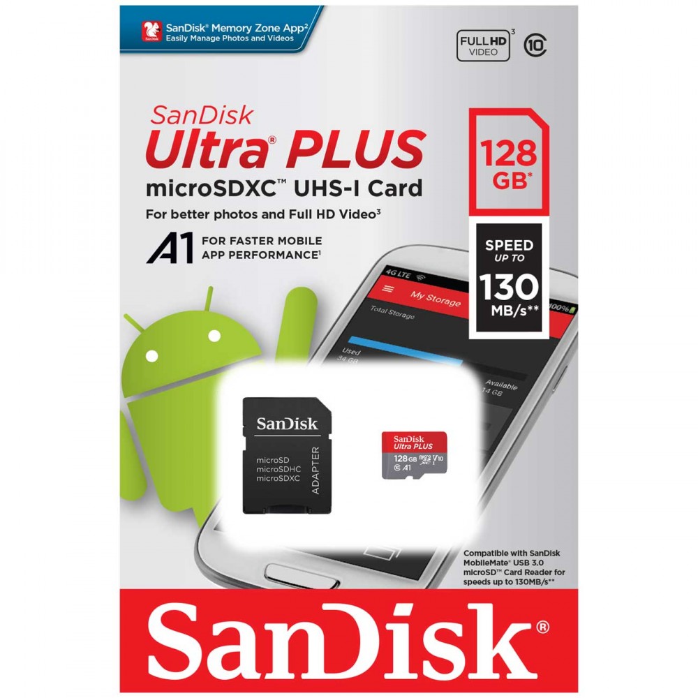 Карта памяти MicroSD SanDisk 128GB Ultra PLUS UHS-I (SDSQUB3-128G-GN6MA)