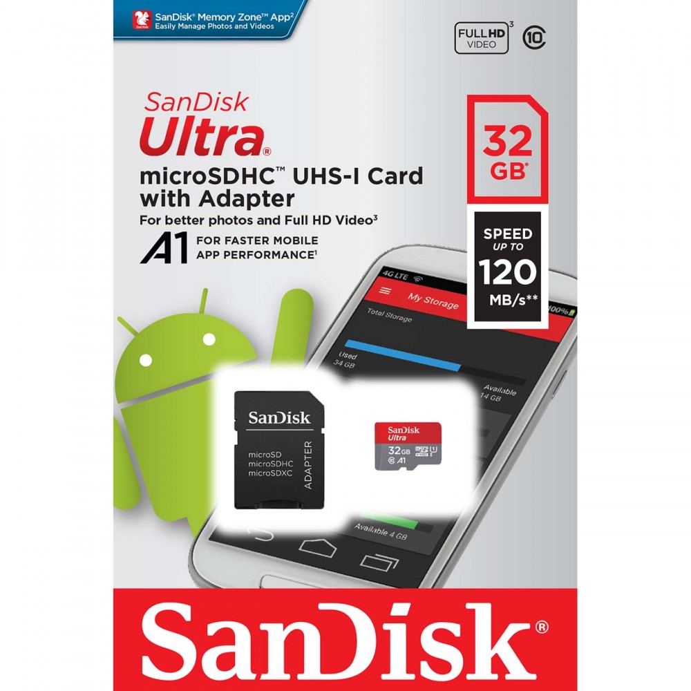 Карта памяти MicroSD SanDisk Ultra 32GB UHS-I + адаптер (SDSQUA4-032G-GN6MA)