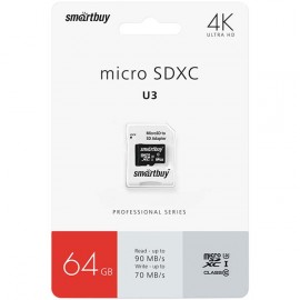 Карта памяти MicroSD Smartbuy 64GB Class10 PRO U3 SD-адапт. (SB64GBSDCL10U3-01) 