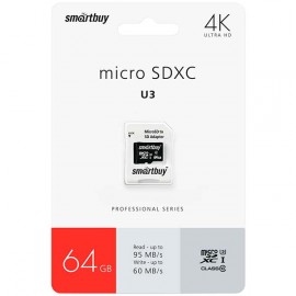 Карта памяти MicroSD Smartbuy 64GB Class10 PRO U3 SD-адапт.(SB64GBSDCL10U3L-01)